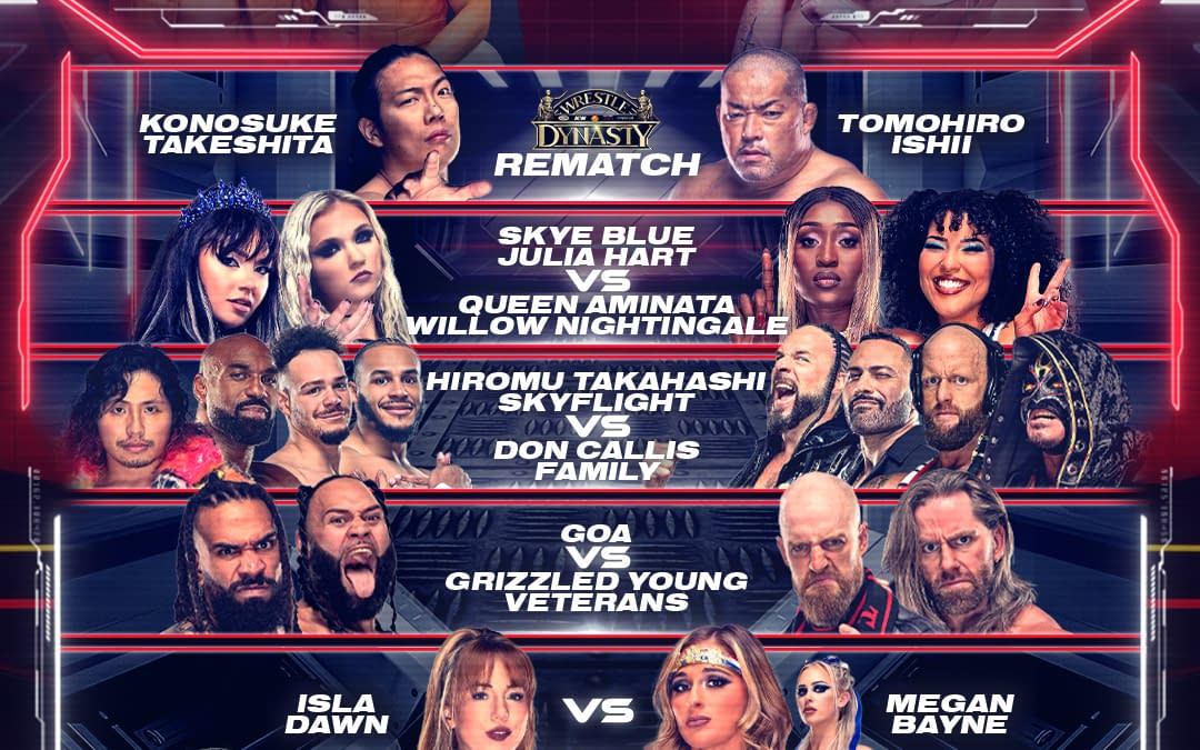 A vibrant promotional graphic for AEW Collision featuring various wrestling matchups. Key elements include the Young Bucks vs. Paragon, a rematch with Konosuke Takeshita and Tomohiro Ishii, and women’s matches with Skye Blue, Julia Hart, and others.