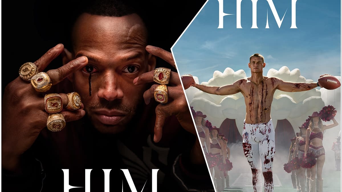 A split image features two contrasting scenes related to the film 'HIM.' On the left, a man adorned with multiple gold rings stares intensely, while on the right, a muscular man stands confidently, holding a football and covered in fake blood, surrounded by cheerleaders.