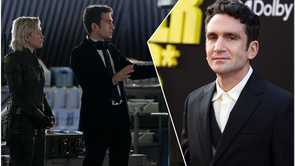 A split image featuring director Jake Schreier on a film set, discussing with a female character in costume on the left, and a close-up of Schreier dressed in a suit at a premiere event on the right.