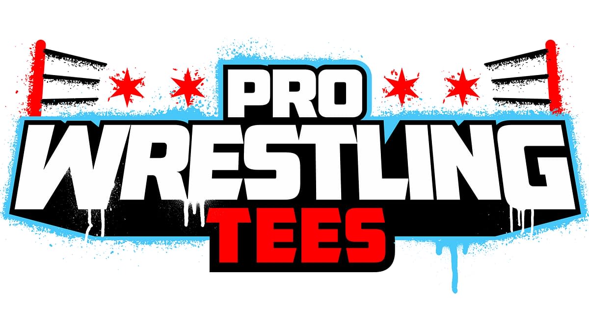 A colorful logo for Pro Wrestling Tees featuring bold text with a blue outline. The design includes red stars and wrestling ropes, adding to the wrestling theme.