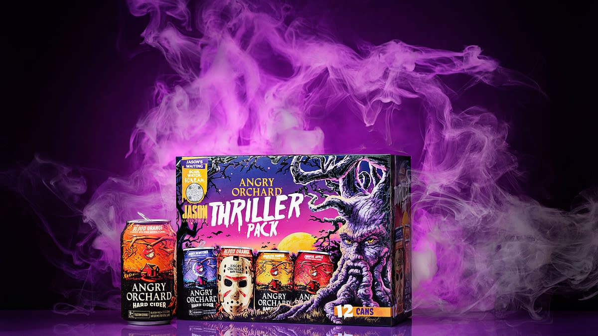 A vibrant box of Angry Orchard's Thriller Pack featuring twelve cans, prominently displaying a blood orange can design. Behind it, a spooky purple and smoke background adds a dramatic effect.