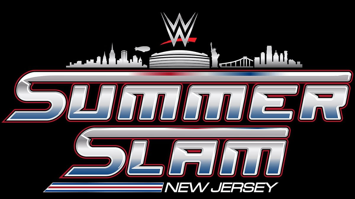 A logo for WWE SummerSlam featuring the words 'Summer Slam' in bold metallic letters, with a stylized skyline and iconic landmarks like the Statue of Liberty and a stadium in the background.