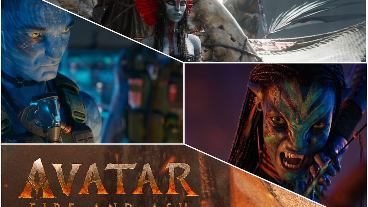 A digital collage featuring characters from 'Avatar: Fire and Ash,' showcasing vibrant visuals of Na'vi characters, including a fierce warrior with striking facial markings, set against a backdrop of rich colors and textures. The title 'Avatar: Fire and Ash' is prominently displayed at the bottom.