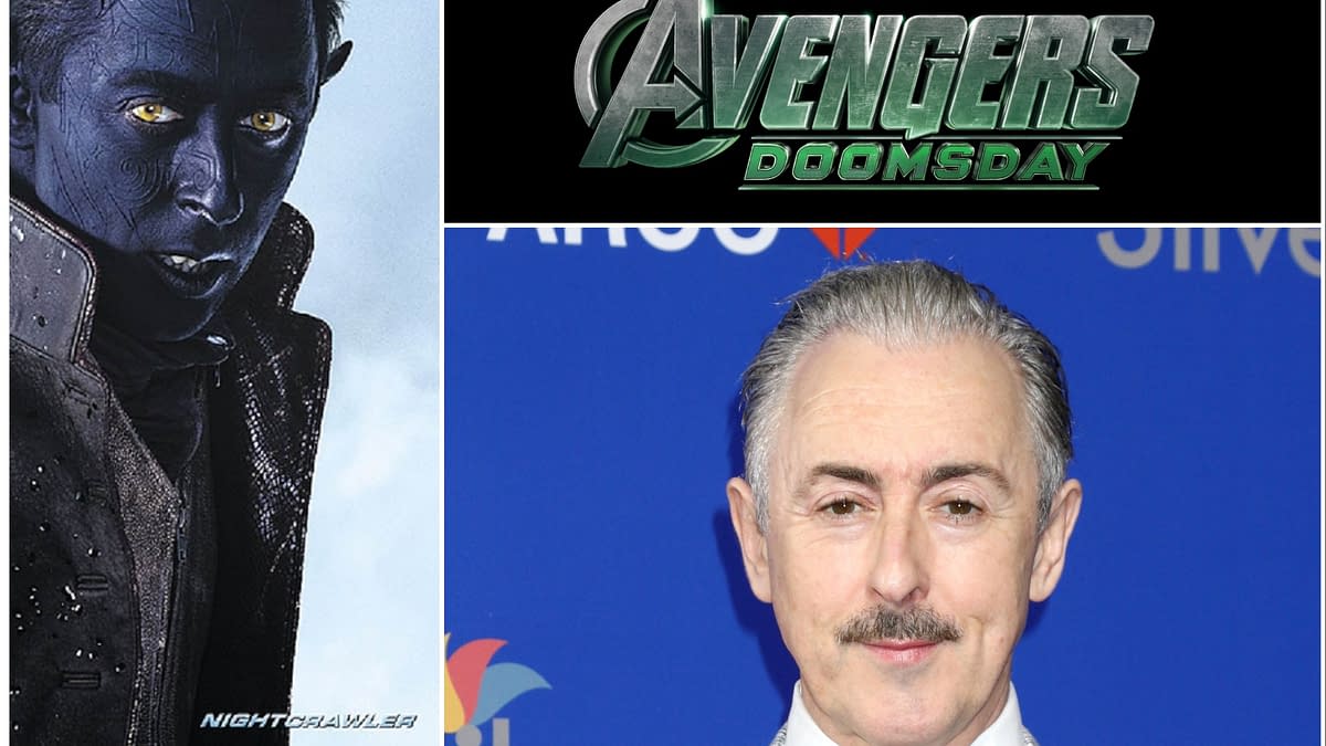 A promotional image featuring the logo for 'Avengers: Doomsday' and a character resembling Nightcrawler with blue skin and yellow eyes, alongside a photo of Alan Cumming, a middle-aged man with light hair and a mustache, dressed in a gray suit.