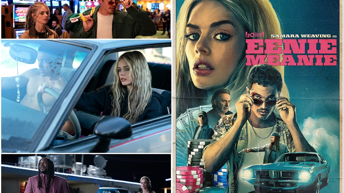 A promotional collage for the film 'Eenie Meanie', featuring an illustrated poster with a blonde woman and several characters, alongside stills from the movie including scenes set in a casino and a car. The poster emphasizes the film's title in bold pink lettering.