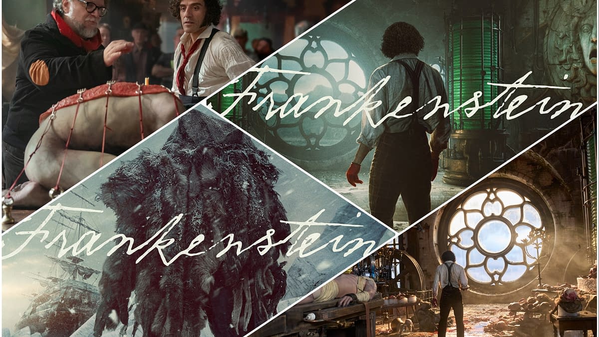 A collage depicting scenes from Frankenstein, showcasing a dramatic birth scene with a character in a lab, a mysterious cloaked figure in a snowy landscape, and a character standing in a gothic laboratory with a large stained glass window. The title 'Frankenstein' appears artistically overlaid on the images.