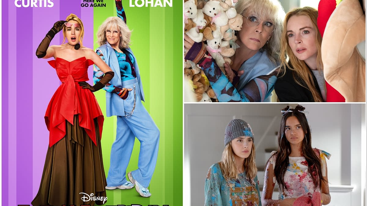 A promotional collage for 'Freakier Friday,' featuring Jamie Lee Curtis and Lindsay Lohan in vibrant outfits, with additional scenes depicting characters in playful, messy scenarios. The backdrop highlights a fun, colorful theme matching the movie's comedic tone.