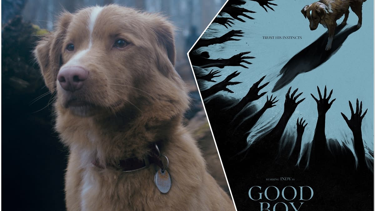 A medium shot of a golden-brown dog with a collar, looking focused, set against a dark forest background. The image is accompanied by a graphic poster featuring the text 'GOOD BOY' and abstract shadows of hands reaching out, emphasizing a mysterious theme.