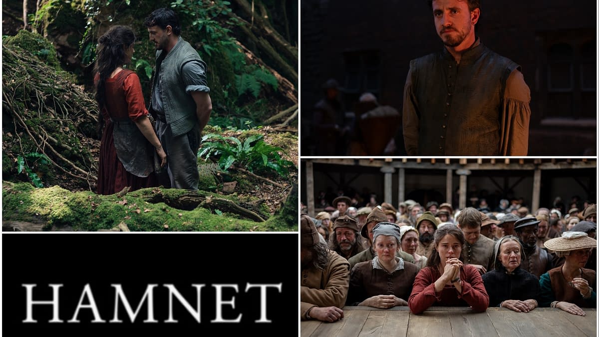 A collage representing 'Hamnet,' featuring a couple in a lush forest, a somber man in period clothing, and a crowd of expressive characters seated at a table, highlighting the emotional depth of the story.