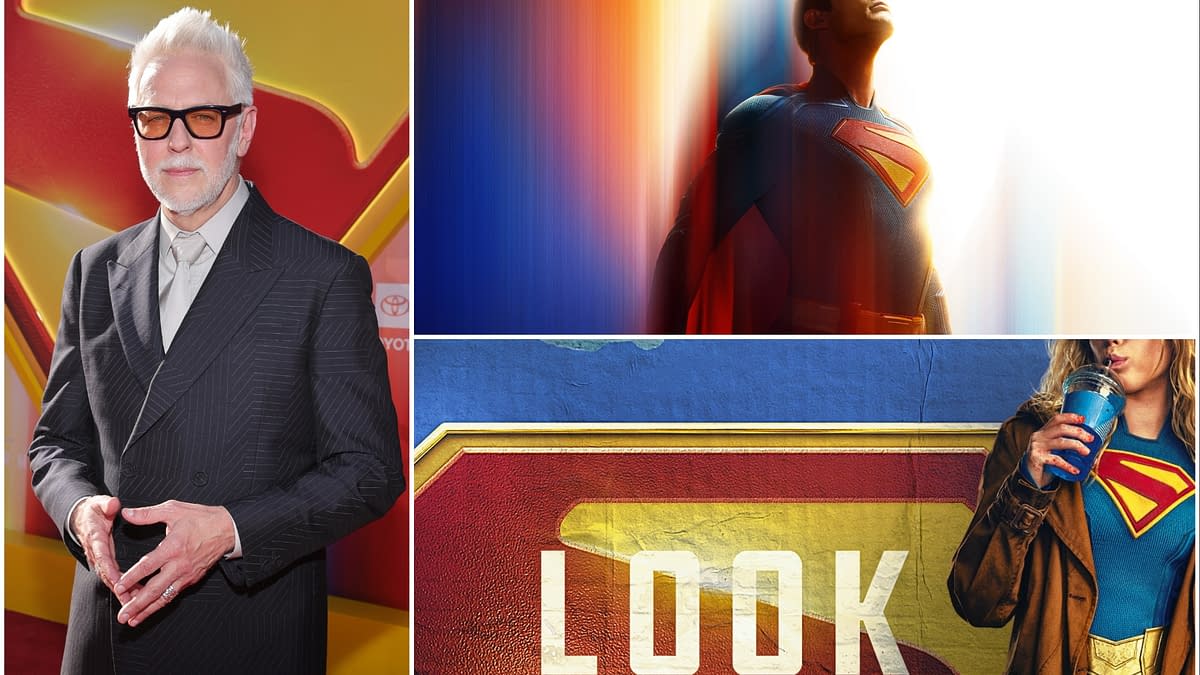 Collage featuring James Gunn smiling on the red carpet in front of a Superman logo, a superhero figure wearing a blue and red costume with the Superman emblem, and a character in a brown coat holding a drink while wearing a similar Superman shirt. The image highlights the connection between Gunn and the Superman franchise.