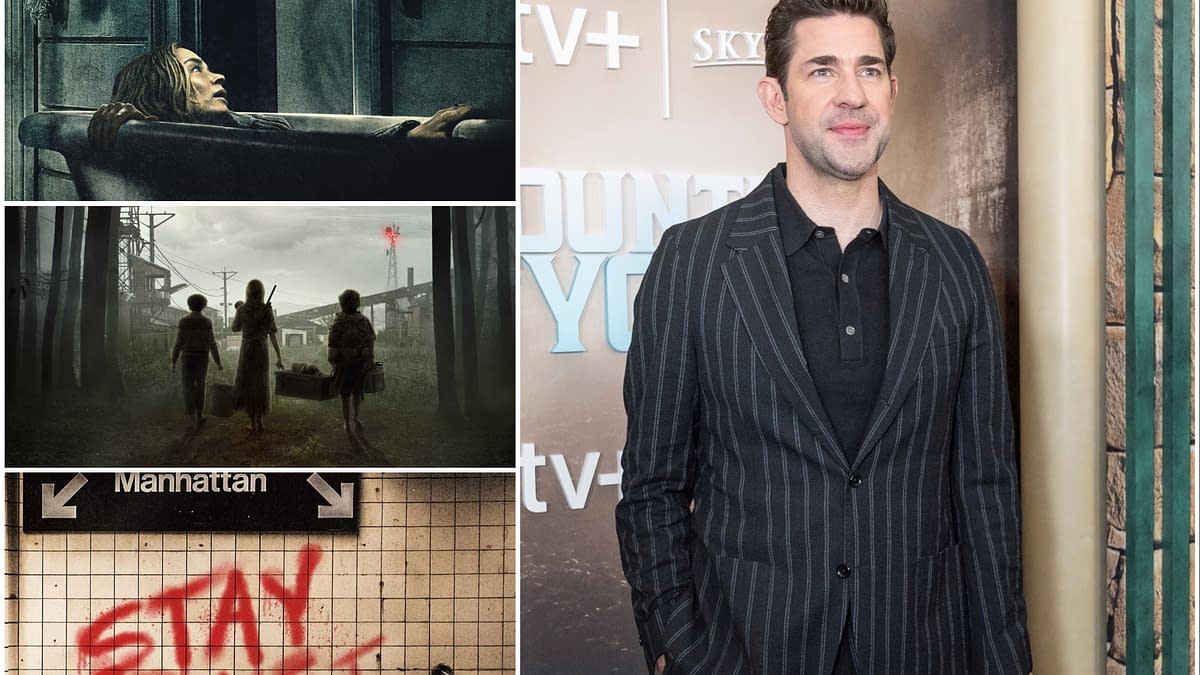 John Krasinski stands in a well-dressed, striped suit at a promotional event, with a backdrop related to a Quiet Place film. The image references the suspenseful themes of the A Quiet Place series.