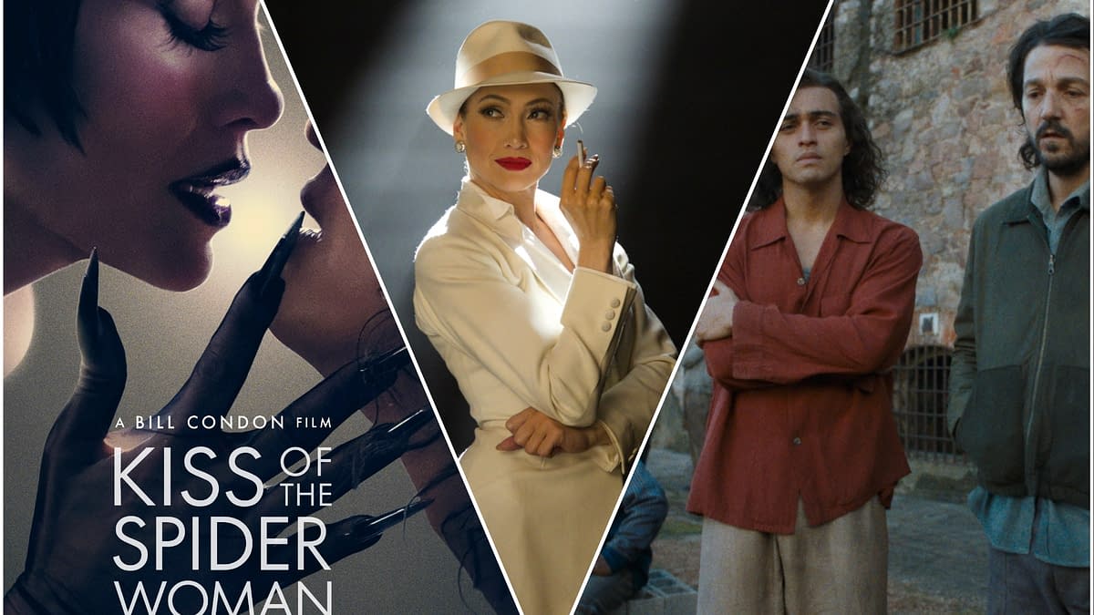 A promotional collage for the film 'Kiss of the Spider Woman', featuring three scenes: a close-up of a woman's face with dark gloves, a woman in a white suit holding a cigarette, and two men standing against a stone wall in a prison-like setting.