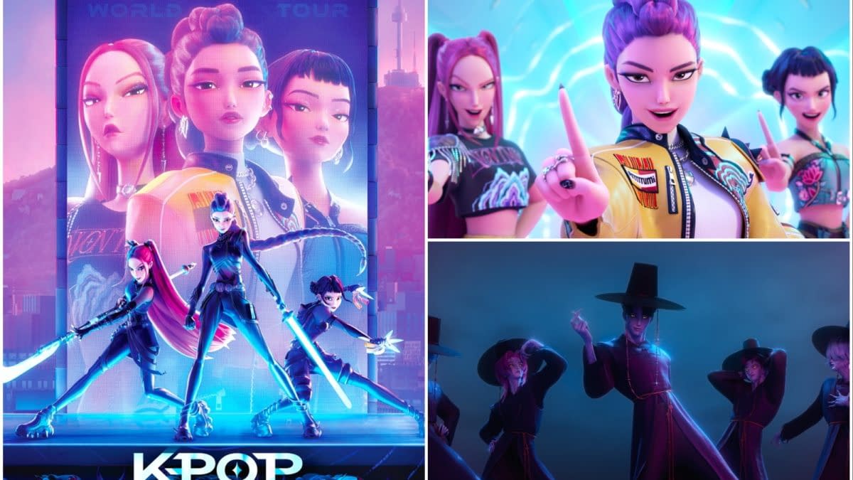 A vibrant illustration for 'KPop Demon Hunters' featuring stylized characters posed dynamically with futuristic weapons. The design emphasizes a blend of K-pop aesthetics and supernatural themes.