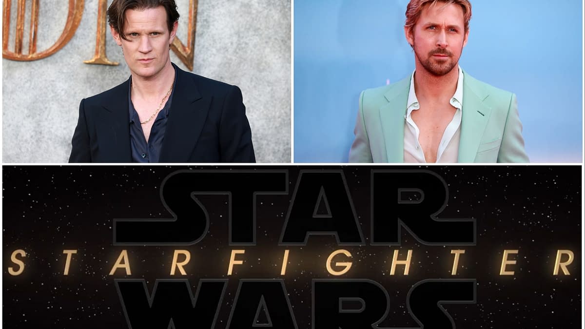 A promotional image featuring two actors, with one on the left dressed in a black suit and the other on the right in a mint green outfit, above a stylized 'Star Wars Starfighter' logo against a starry background.