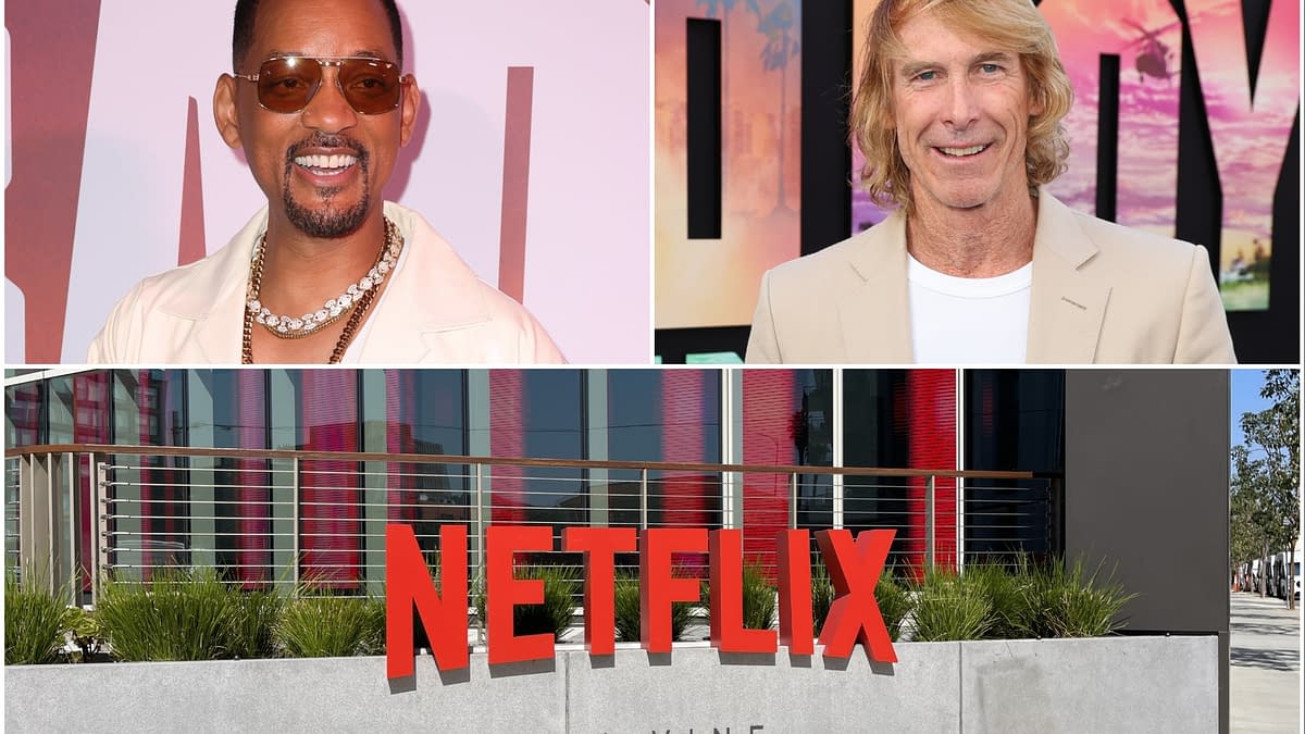 A collage featuring Will Smith smiling at a movie premiere, Michael Bay posing for a photo, and a prominent red Netflix sign outside a building. The image highlights prominent figures in the entertainment industry associated with Netflix.