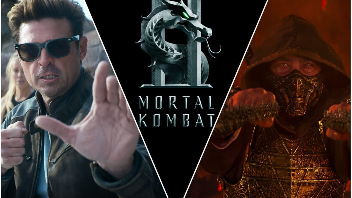 A promotional illustration for Mortal Kombat II featuring two characters: one in sunglasses and a leather jacket, striking a fighting pose, and the other in a black hooded outfit, preparing for combat. The image includes the Mortal Kombat logo prominently displayed.