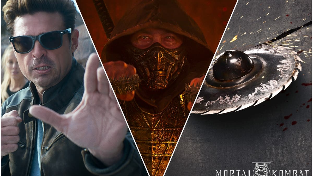 A collage featuring three elements related to Mortal Kombat II: a character in sunglasses looking ready for combat, a hooded figure with a fierce expression, and a metallic shuriken. The bottom right corner displays the Mortal Kombat II logo.