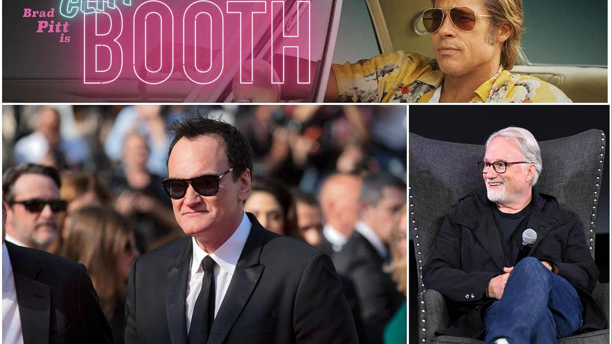 A collage featuring elements from 'Once Upon a Time in Hollywood.' The top section shows Brad Pitt's character, Cliff Booth, with a neon logo overlay. The middle section includes Quentin Tarantino at a premiere, wearing sunglasses, while the bottom shows a smiling director in a chair, holding a microphone.