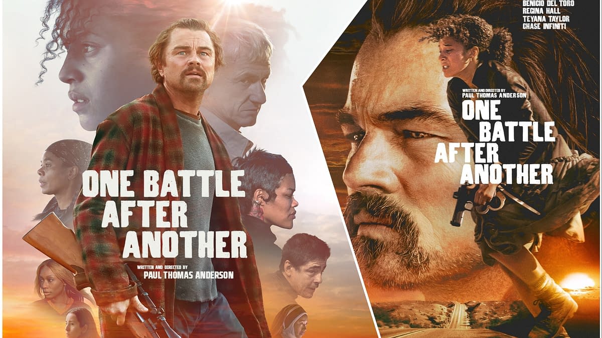 A movie poster titled 'One Battle After Another,' featuring prominent actors including Leonardo DiCaprio, Sean Penn, and Benicio del Toro. The design displays various character portraits against a dramatic landscape, emphasizing themes of conflict and struggle.