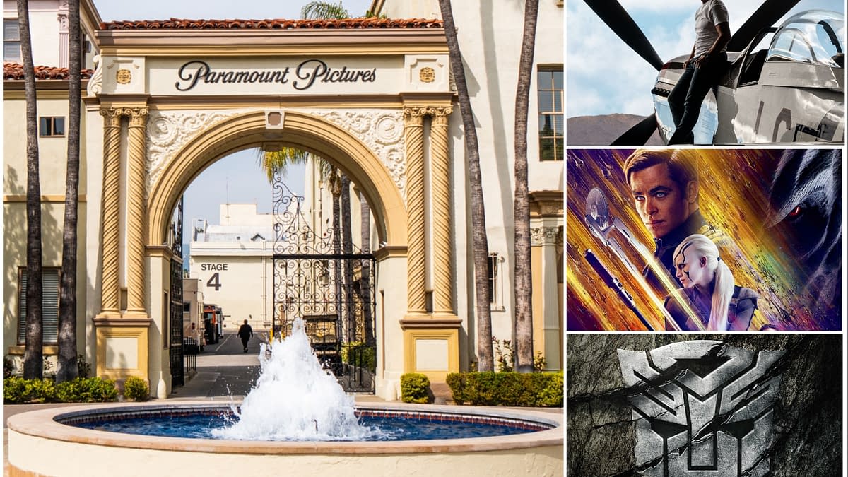 A collage featuring the entrance to Paramount Pictures, showcasing its iconic archway and fountain, alongside promotional images for Top Gun, Star Trek, and Transformers, emphasizing the brand's film priorities.