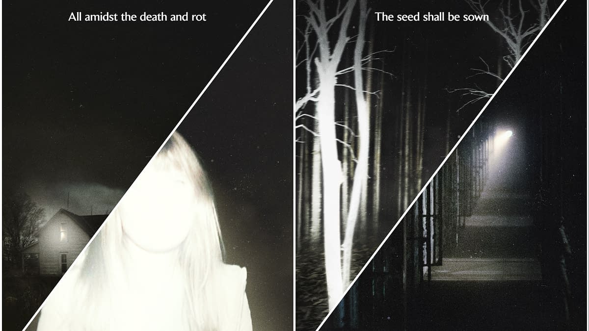 A dark and moody split-image featuring a ghostly figure with a blurred face on the left, accompanied by an old house, and a shadowy forest with bare white trees on the right. Text overlays convey themes of decay and hope for renewal.