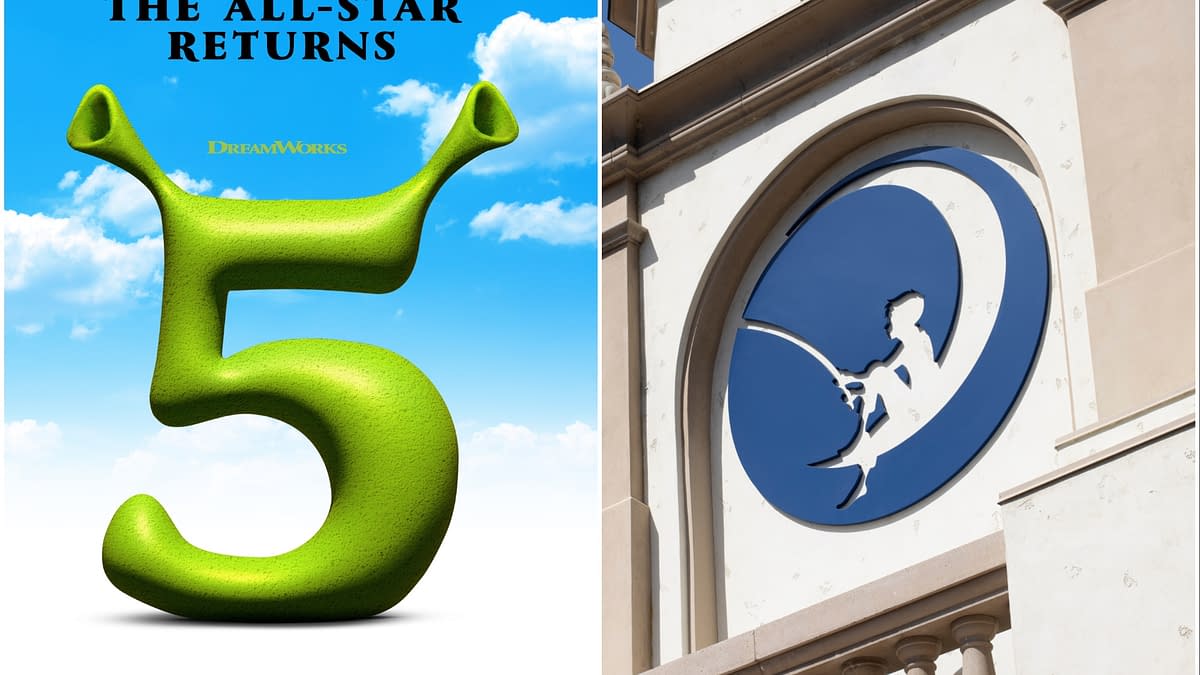 A vibrant cartoon logo featuring a green, oversized number 5 with a whimsical design against a blue sky, accompanied by the text "THE ALL-STAR RETURNS" and the DreamWorks logo, signaling the release of Shrek 5.