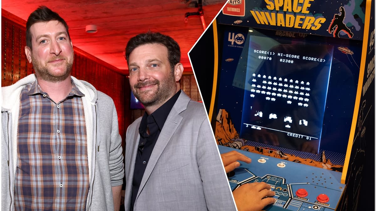 A split image featuring two men standing together on one side, and an arcade machine displaying the classic game "Space Invaders" on the other side. The arcade screen shows pixelated alien invaders, while hands are positioned on the machine's controls.