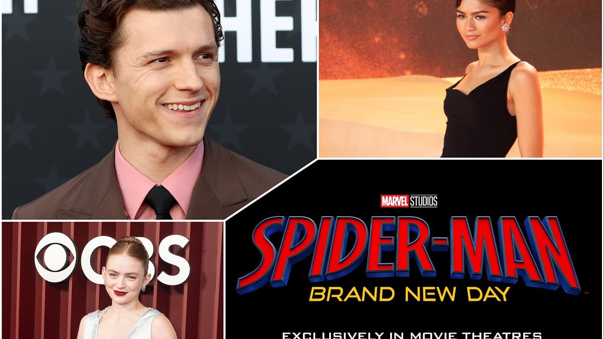 A promotional illustration for 'Spider-Man: Brand New Day,' featuring three cast members: a smiling actor in a suit, a woman in a sleek dress, and another actress in an elegant outfit. The logo prominently displays 'SPIDER-MAN' with details about the movie release date, July 31, 2026, in theaters.