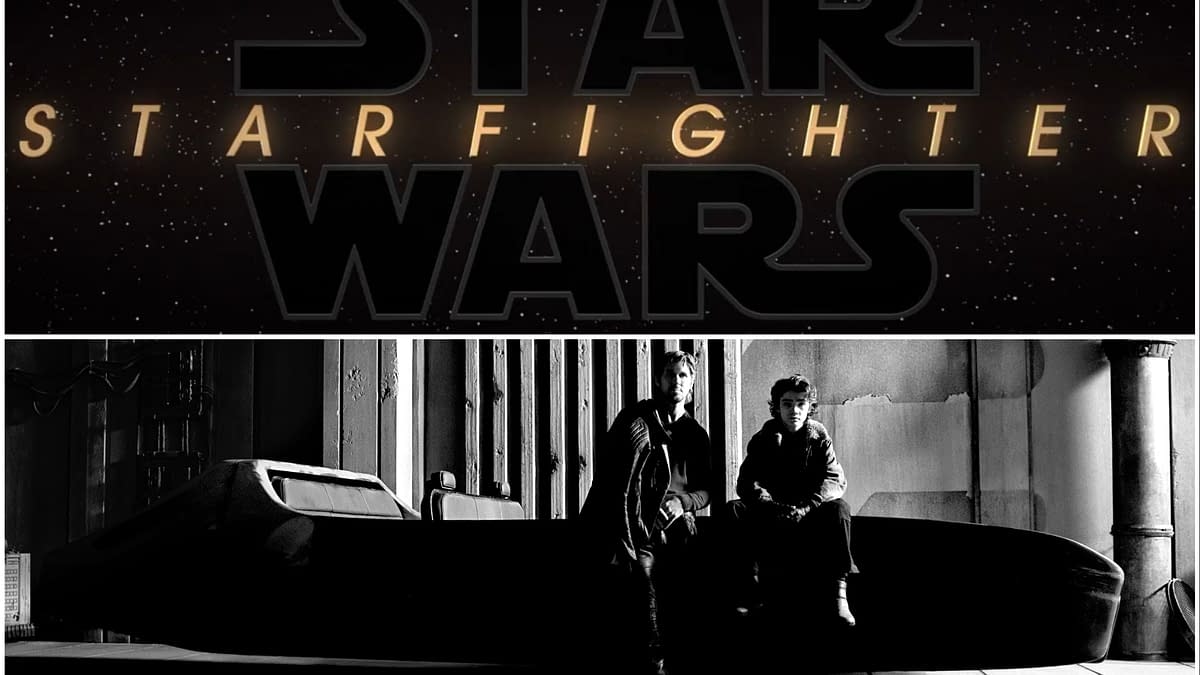 A stylized illustration featuring the iconic 'Star Wars' title in bold letters against a starry background, accompanied by a monochrome scene of two characters beside a sleek starfighter. The image captures a blend of science fiction and dramatic atmosphere.