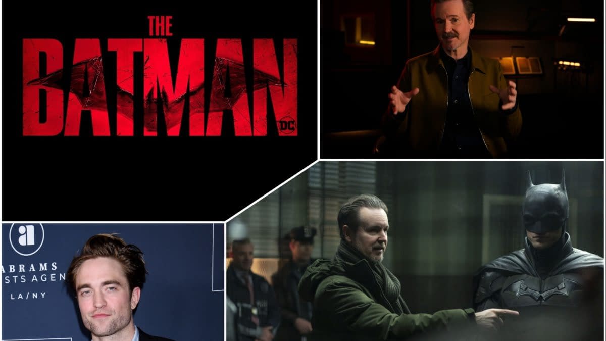 The logo for "The Batman" features the title in bold red letters against a black background. The image also shows actors engaged in behind-the-scenes moments, including a scene with Batman and a character in a dark setting.