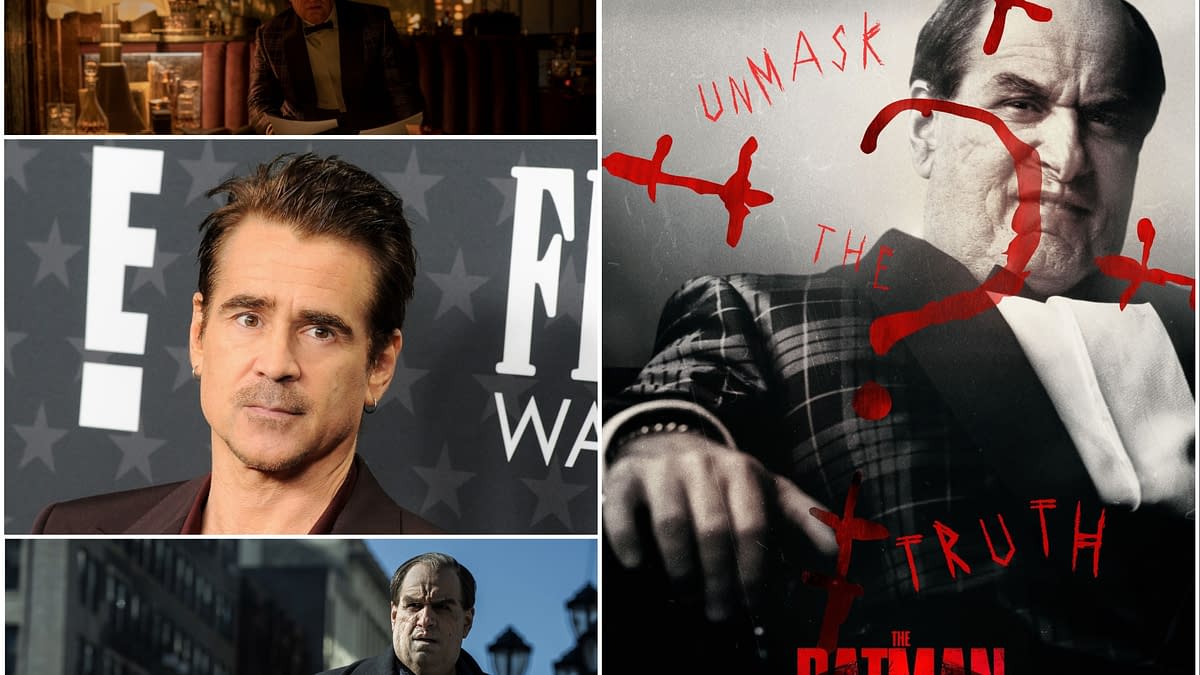 A collage featuring Colin Farrell as the Penguin in 'The Batman,' showcasing his character in various scenes. The central image includes bold red text that reads "UNMASK THE TRUTH" along with the movie title "THE BATMAN."
