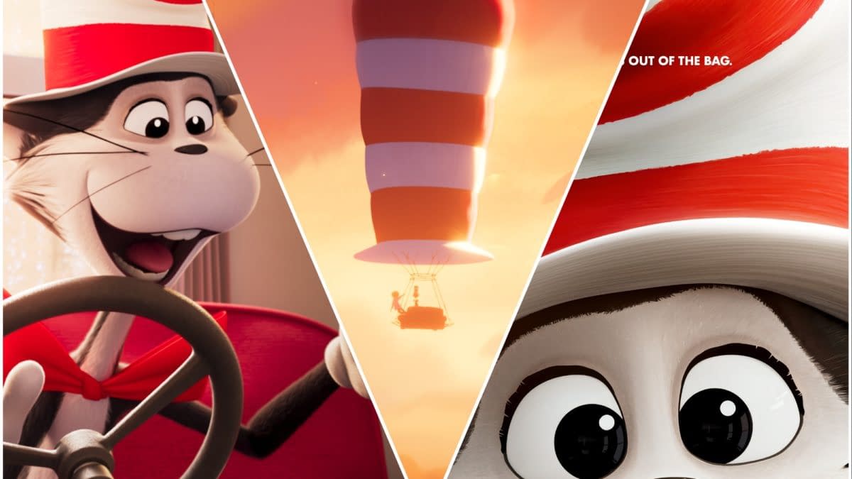 A cartoon illustration features the Cat in the Hat, a playful character wearing a tall striped hat. The image includes three scenes: the cat joyfully driving a vehicle, a floating hat in the sky, and a close-up of the cat's face with large expressive eyes.