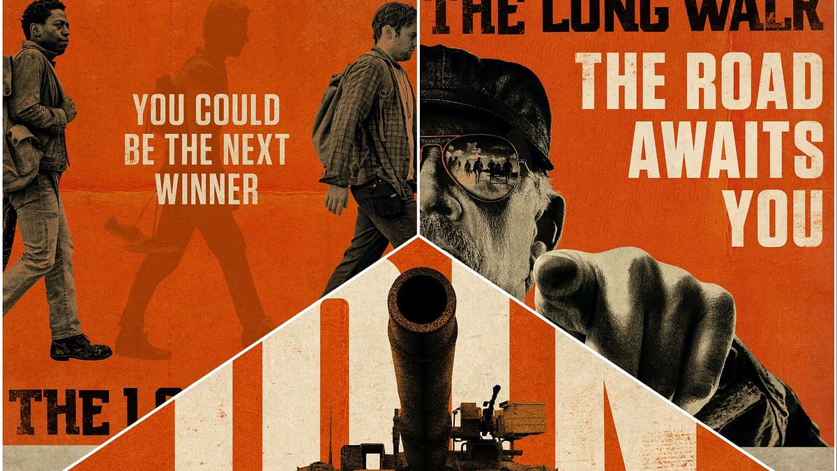 A promotional poster for 'The Long Walk' featuring three characters walking against an orange background, with bold text proclaiming "YOU COULD BE THE NEXT WINNER" and "THE ROAD AWAITS YOU," along with imagery of a cannon and an elderly man with glasses pointing. The design conveys themes of competition and anticipation.