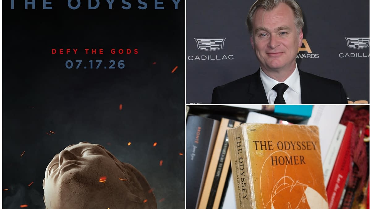 A promotional poster for the film "The Odyssey" directed by Christopher Nolan, featuring a sculpted head against a smoky background with the release date "07.17.26" and the tagline "Defy the Gods." Surrounding it are images of Nolan and a copy of "The Odyssey" by Homer.