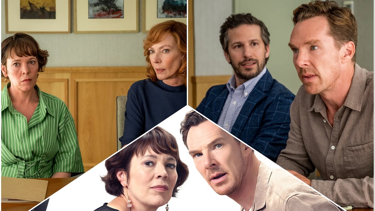 A collage featuring four characters from the show 'The Roses,' with two women in conversation, one with short hair in a green striped shirt and the other with red hair in a blue sweater. The men are depicted in a more expressive discussion, showcasing intense emotions. This image captures the interpersonal conflict central to the series.