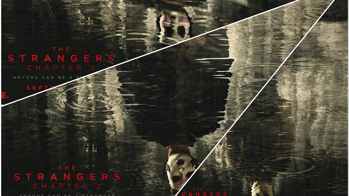 A promotional poster for 'The Strangers Chapter 2', featuring eerie reflections on dark water with a ghostly figure partially visible, alongside the film's title and release date in bold red text.