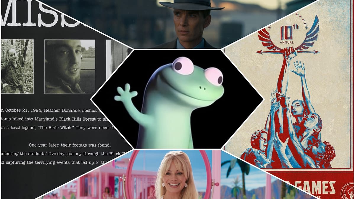 A cartoon character resembling a friendly, green lizard with big eyes and a smile is centrally featured, surrounded by various media stills and an illustration. The image reflects themes of viral marketing in connection with contemporary pop culture.