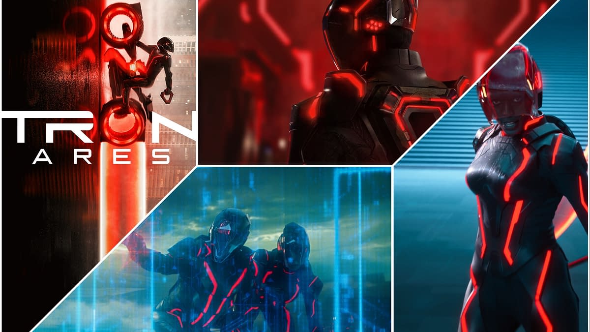 A digital collage featuring elements from 'TRON: Ares', showcasing a character in a futuristic suit with red accents, dynamic action scenes, and the title prominently displayed. The artwork encapsulates the high-tech, neon aesthetic of the TRON universe.
