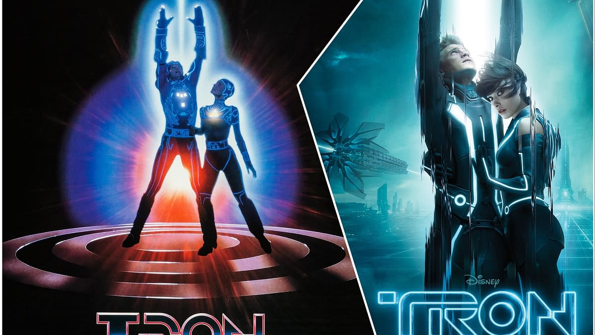 A promotional illustration split into two sides, featuring the original 1982 'TRON' film on the left with two characters reaching upwards surrounded by light, and the 2010 'TRON: Legacy' on the right, showcasing a futuristic scene with two characters in sleek suits against a blue-toned backdrop.
