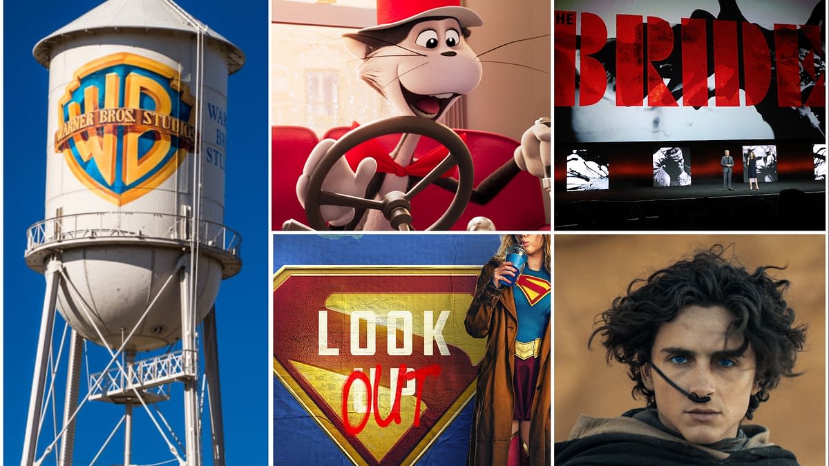 A collage featuring elements related to Warner Bros.' 2026 movies, including the iconic Warner Bros. water tower, animated character the Cat in the Hat driving a car, a teaser for the movie 'The Bride,' and promotional art featuring a superhero and a character from 'Dune.'