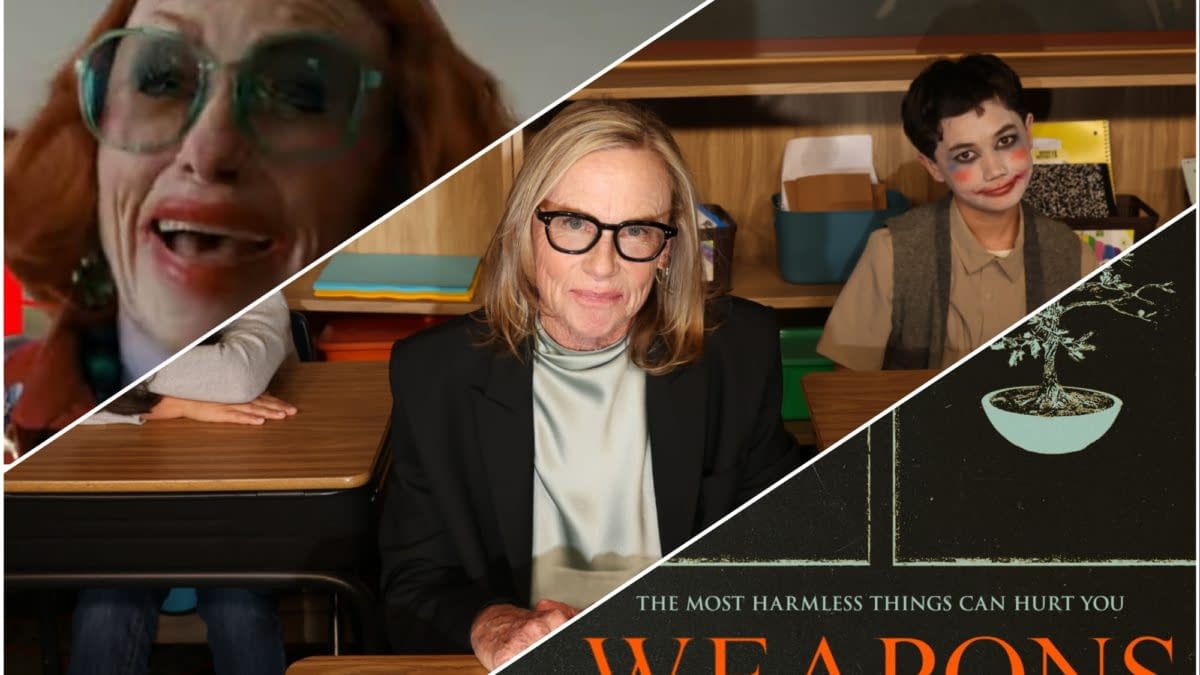 A collage featuring three scenes: a woman with red hair and large glasses laughing, a serious woman in a blazer seated at a desk, and a child with face paint sitting in a classroom. The image includes the word 'WEAPONS' prominently displayed with the phrase 'THE MOST HARMLESS THINGS CAN HURT YOU'.