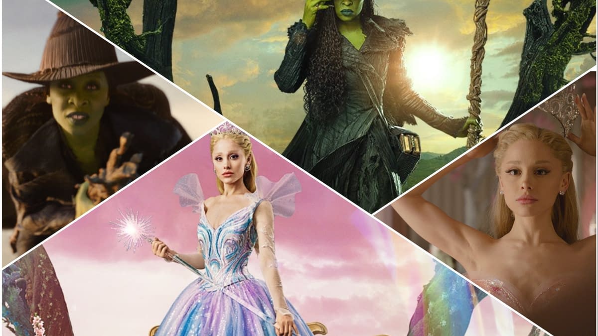 A collage from the musical "Wicked for Good," featuring two prominent characters: a green-skinned witch in a black outfit and a fairy-like character in a sparkling blue gown. The collage showcases their contrasting appearances and magical themes.