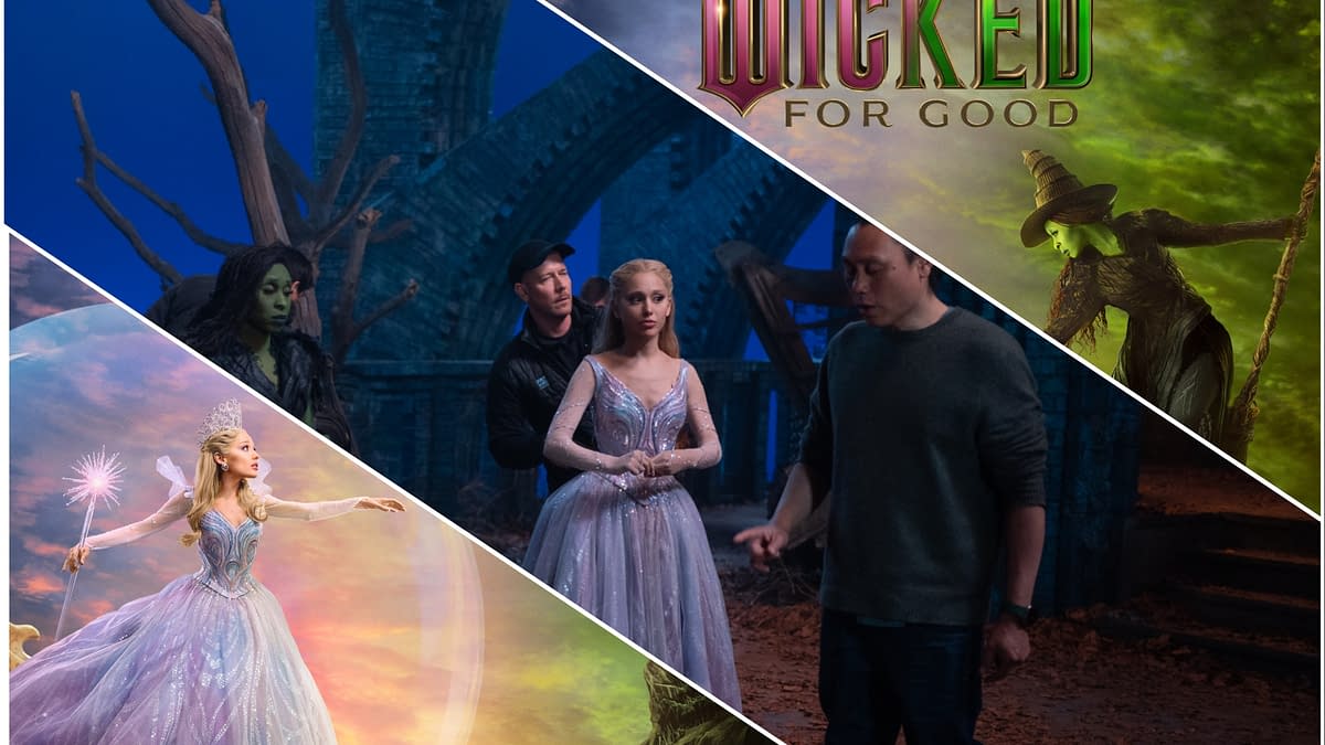 A collage from the production of 'Wicked: For Good,' featuring Elphaba, the Wicked Witch, a character in a sparkling gown, and a behind-the-scenes view with crew members in a fantastical setting, along with the show's title logo.
