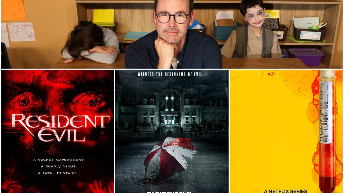 A collage featuring Zach Cregger, alongside posters from the 'Resident Evil' franchise. The images depict key themes of horror and survival, with emphasis on a secret experiment and a deadly virus.