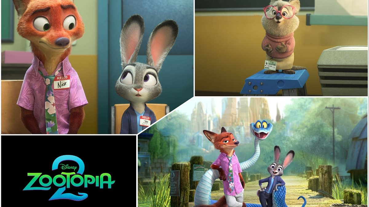 A colorful cartoon image from 'Zootopia 2' featuring anthropomorphic characters: a fox named Nick and a rabbit named Judy, along with another small animal wearing glasses. The image includes a logo for 'Zootopia 2' at the bottom.