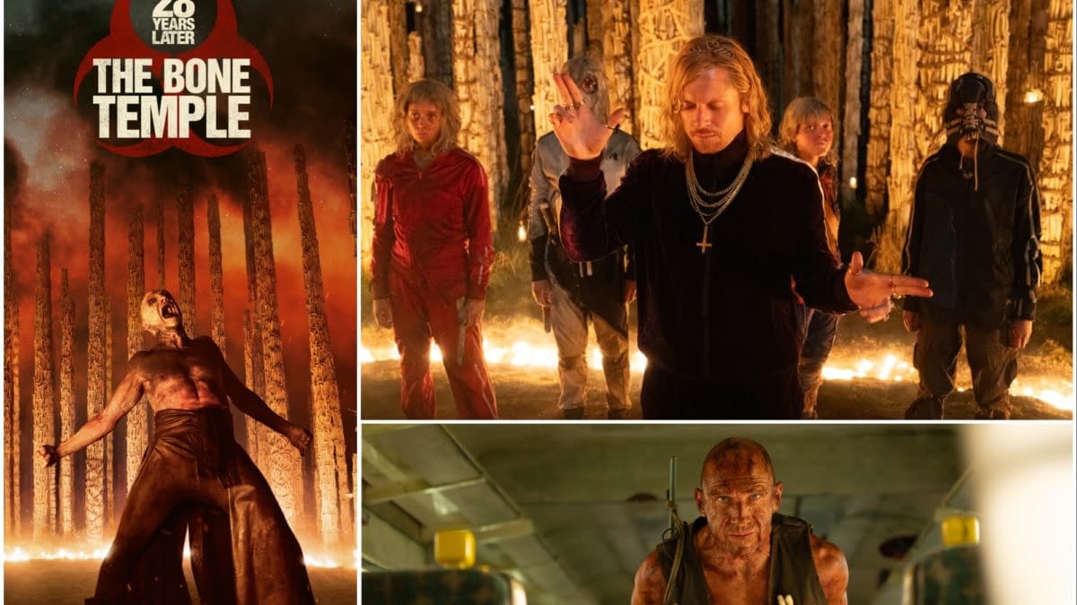 A promotional poster for '28 Years Later: The Bone Temple' featuring a dark, atmospheric scene with a central figure in distress among eerie, towering bone-like structures, while other characters in dramatic attire observe and interact in a moody, fire-lit setting.