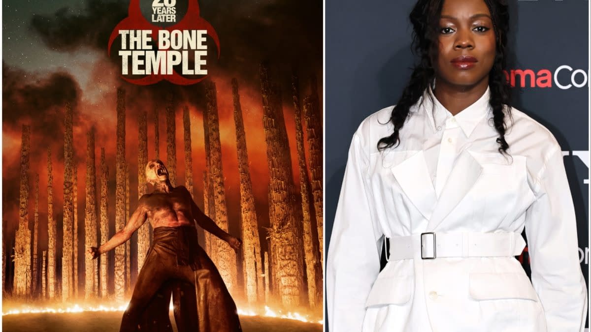 A graphic for '28 Years Later: The Bone Temple,' featuring a figure in front of tall, ominous pillars against a fiery red sky. The title is prominently displayed at the top, highlighting the theme of horror.