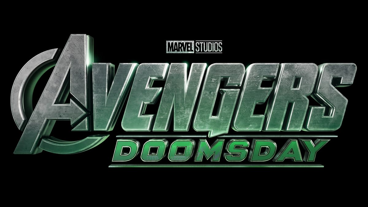 A logo for the Marvel Studios film 'Avengers: Doomsday,' featuring bold metallic lettering with a green hue against a black background.