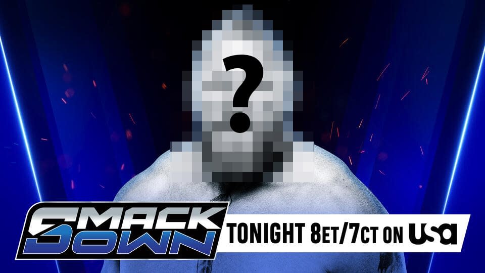 A promotional poster for WWE SmackDown features a mysterious wrestler with a blurred face, surrounded by dramatic blue lighting and sparks. It includes the show's logo prominently at the bottom.