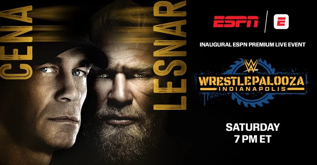 A promotional graphic for the ESPN WrestlePalooza event featuring images of two wrestlers, John Cena and Brock Lesnar, set against a dark background with bold text announcing the event details.
